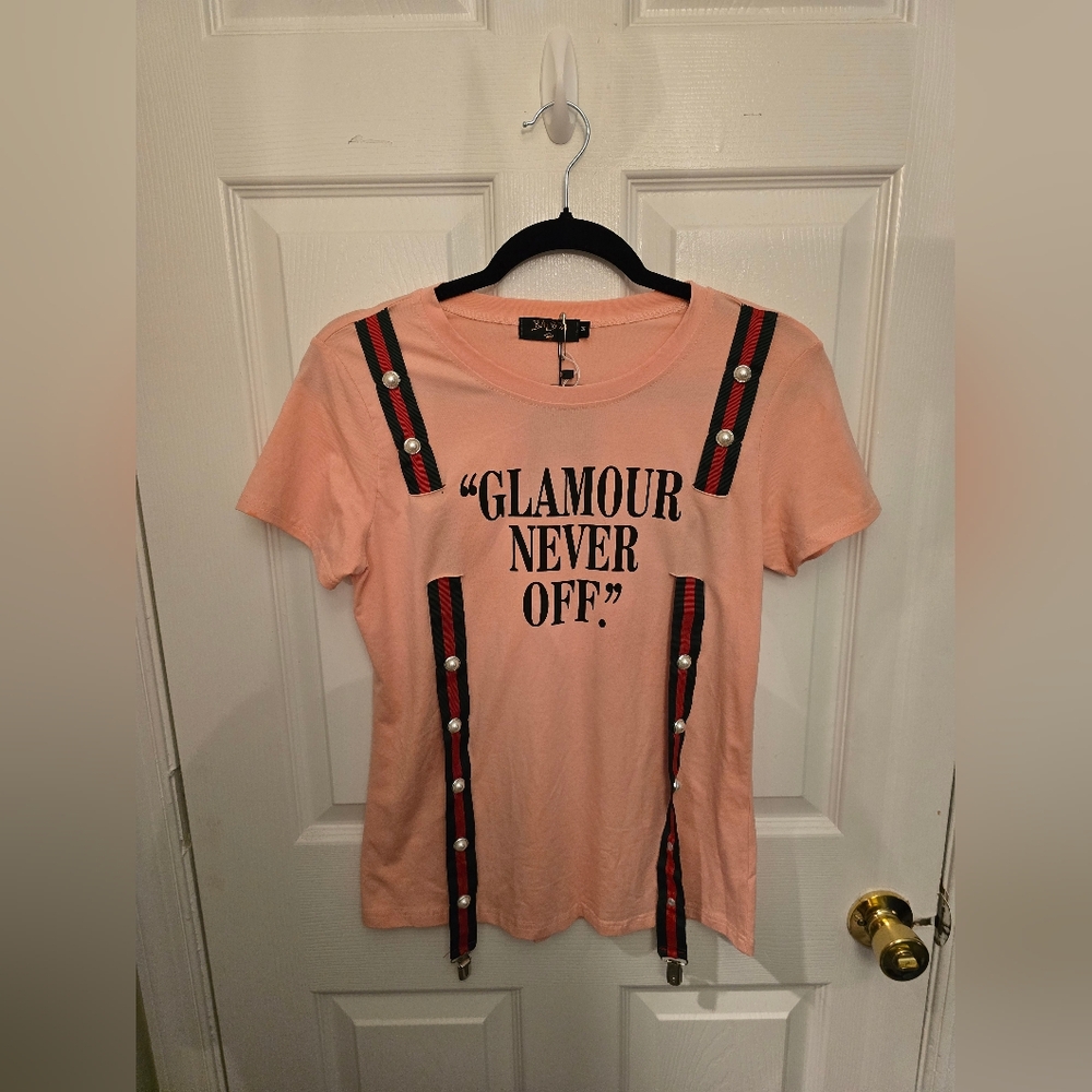 Pink and Black Short Sleeve Tee with Graphic Details